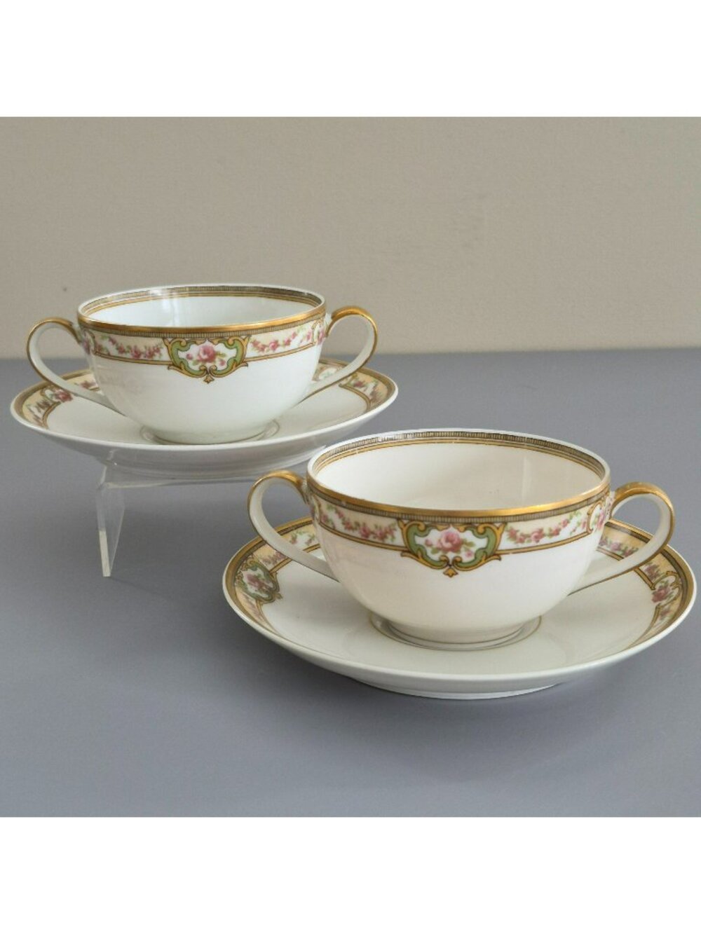 Antique Haviland Belford Bouillon Cup & Saucer 2 Sets, Pink Green Limoges France